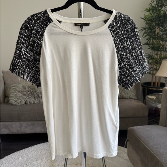 Maje Tiacou Tweed Sleeve Tee White and Black Top Size 3 Large - Picture 5 of 11